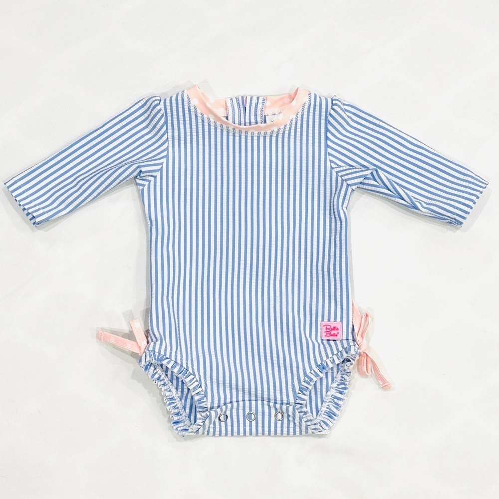 NWOT Ruffle Butts Infant/Newborn One Piece Seersucker Rashguard Swimsuit